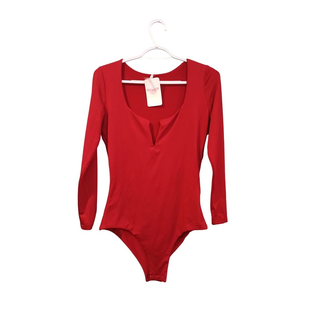 Nothing But Sexy Burgundy Long Sleeve Notched Neck Bodysuit Solid Stretch Top
